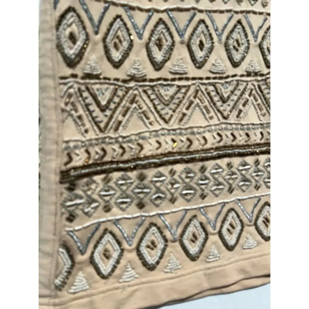 Free People Beaded Tunic Mini Dress Boho Embellished Geometric Tank Neutral